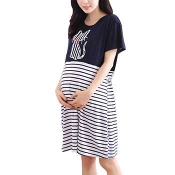 

Summer Pregnant Women Nursing Dress Short Sleeve Striped Patchwork Casual Maternity Dresses M09