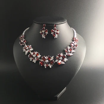 

2020 NEW Luxury fashion popular red zircon flower necklace earrings sets bride wedding formal dress banquet model jewelry