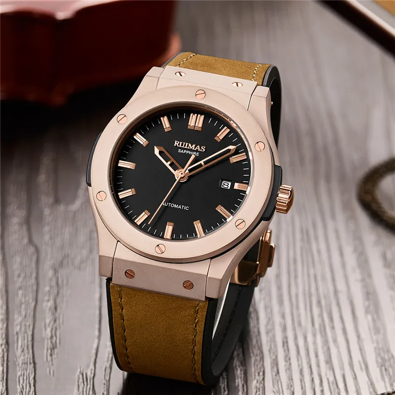 

Ruimas Fashion Casual Automatic Mechanical Watch for Men Military Calendar Clock Leather AP Wristwatches Sports Men's Watches