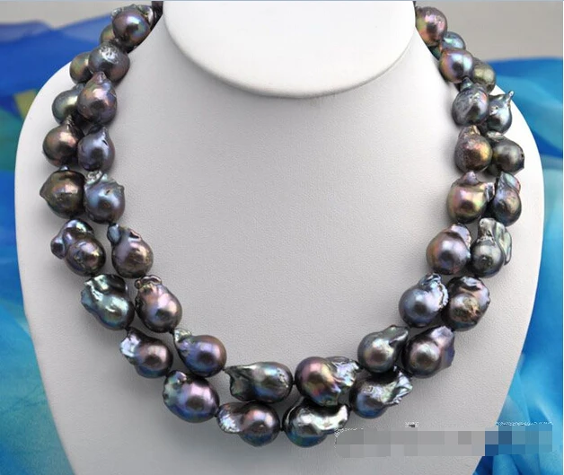 

FREE shipping>>>>Rare 2row 20" 23mm baroque black keshi reborn pearl necklace 6.07