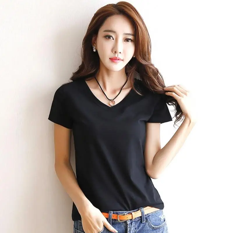 

Women Summer Solid White Black Basic Tees Shirt Tops Femme Mujer Short Sleeve Casual T-shirt Tops