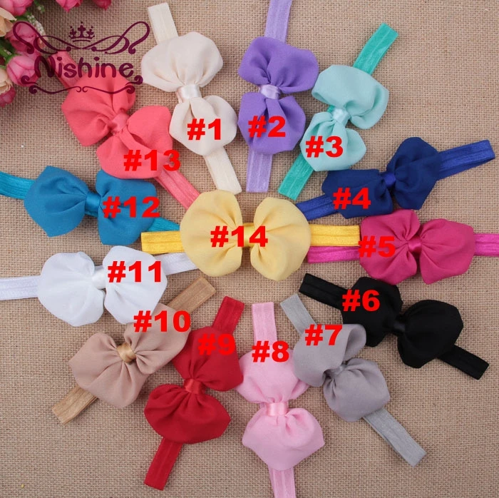

Nishine 14pcs/lot 4" Cute Kids Headband Chiffon Bowknot Girls Headbands Solid Color Elastic Hair Band Headwear Hair Accessories