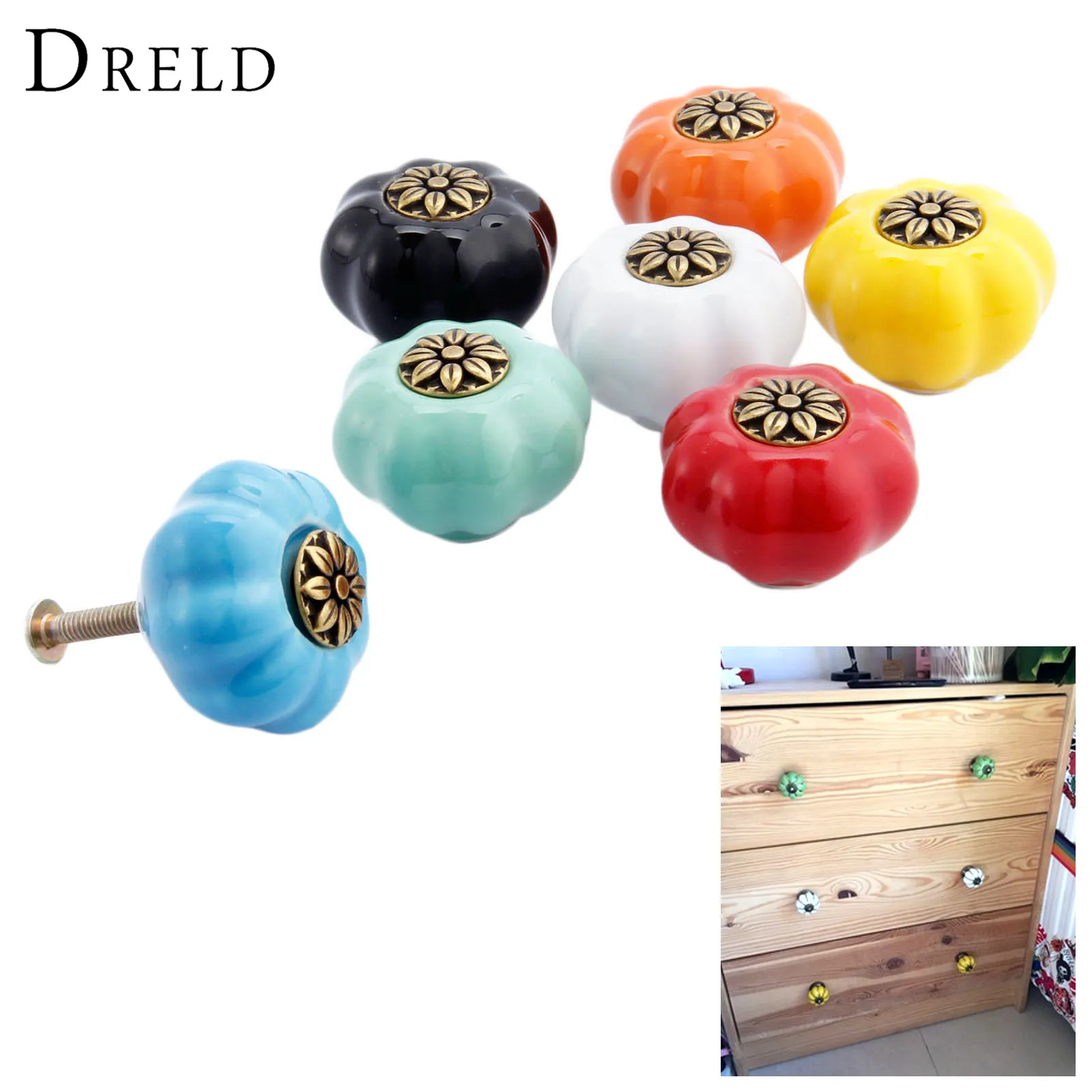 

DRELD Pumpkin Furniture Handle Ceramic Door Knob Cupboard Drawer Cabinet Knob and Handles Kitchen Pull Handle Furniture Hardware