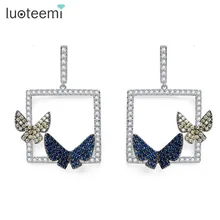 Luoteemi tiny brillante cz micro pavimentada blanco chapado en oro doble de la mariposa cuelga los pendientes brinco joyería para las mujeres regalo nupcial