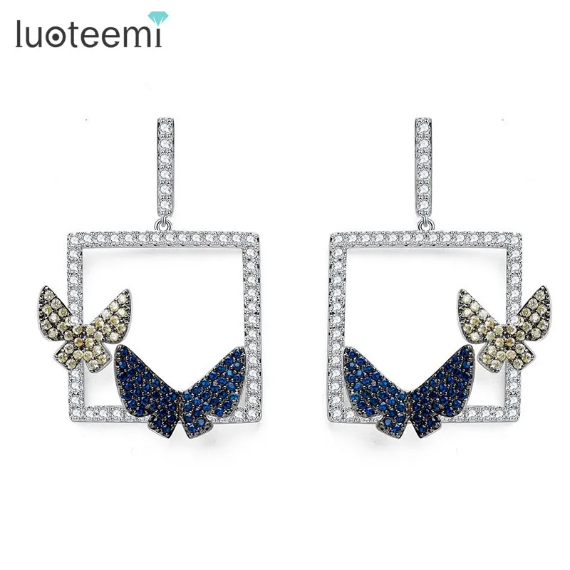 LUOTEEMI Tiny Shining CZ Micro Paved White Gold Plated Double Butterfly Dangle font b Earrings b