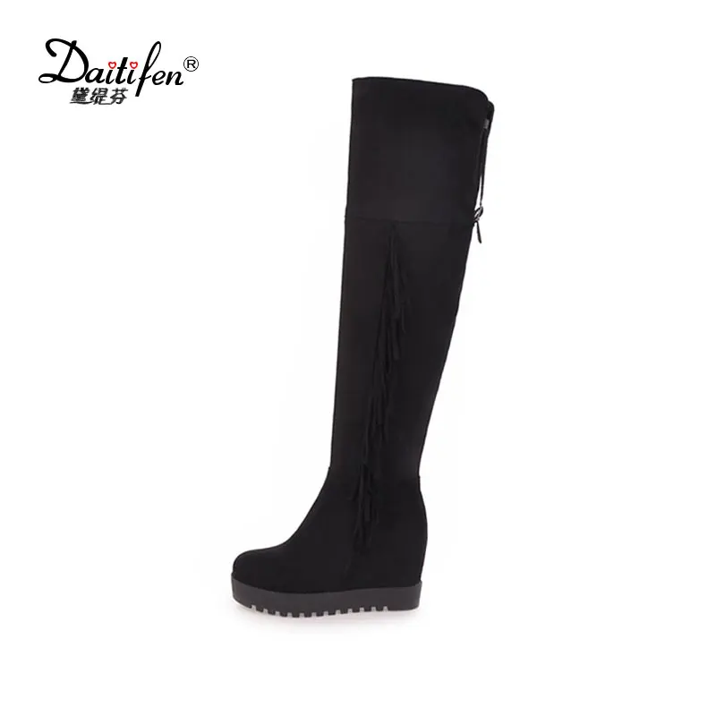 

Daidifen New Women Over The Knee Boots Platform Height Increasing Women Shoes Winter Warm Plush Boots Fringe Buckle long Boots