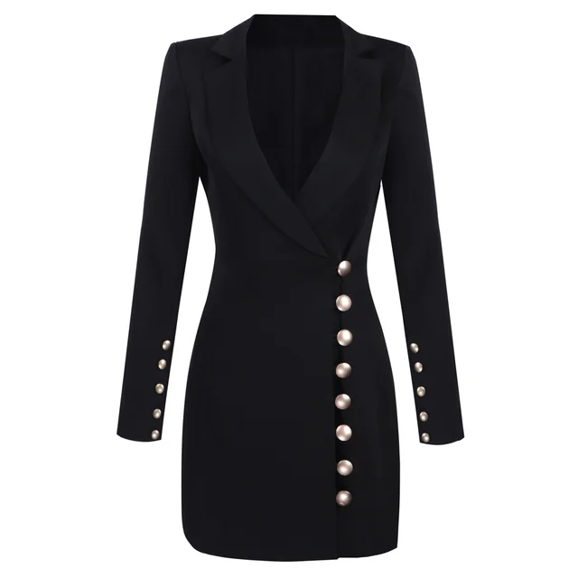 Modern Gold Button Black Dress Long Sleeve Deep V Neck Sheath Mini