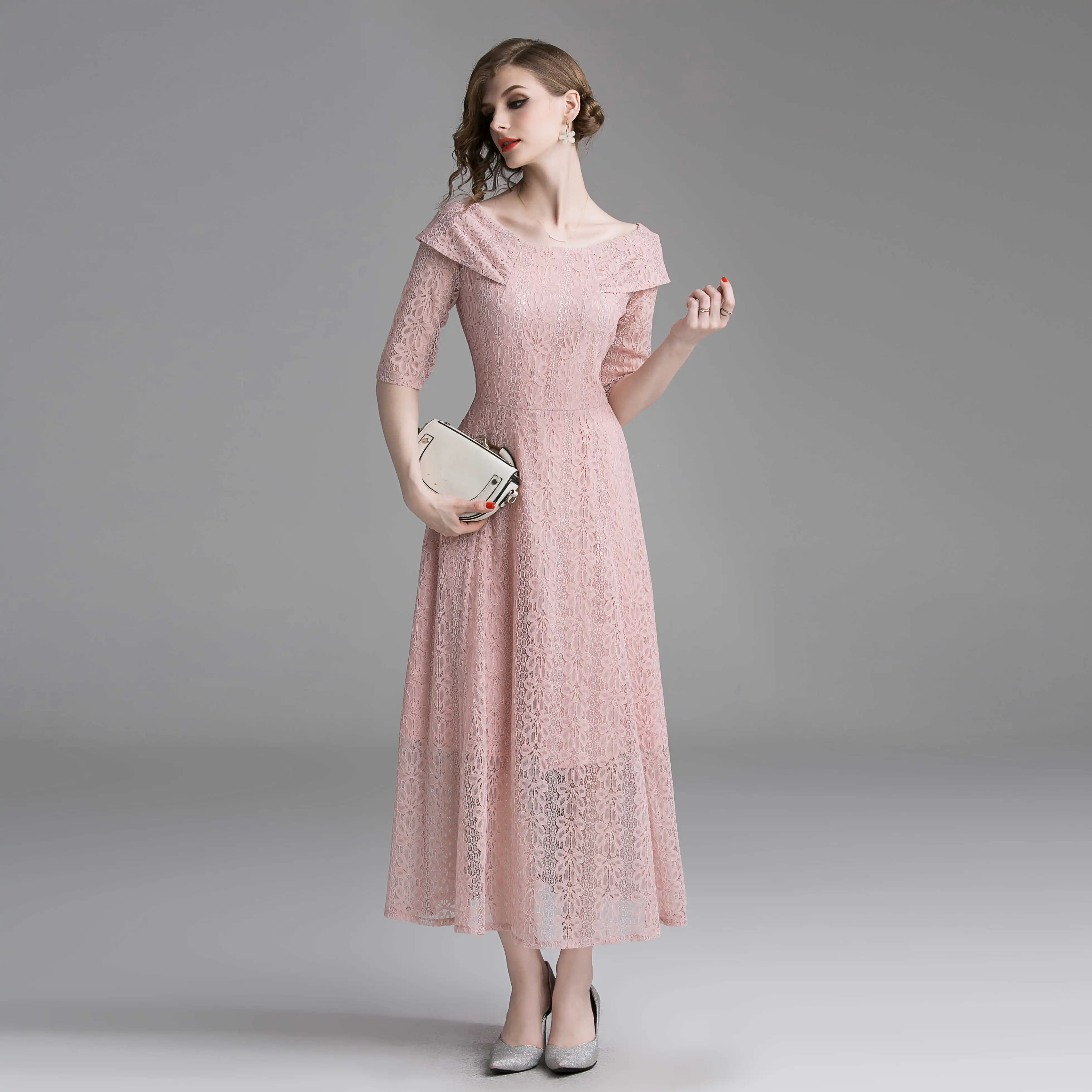 Модные женские туфли с кружевом Розовое платье 2019 Лето баски Вечерние Vestidos
