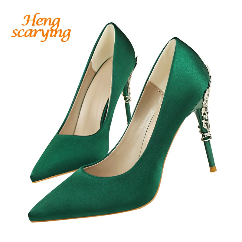 

2019 Metal Carving High Heels Shoes Woman Pointed Toe Silk Pumps Formal Party Wedding Satin Scarpin Lady Green Yellow Blue Shoes
