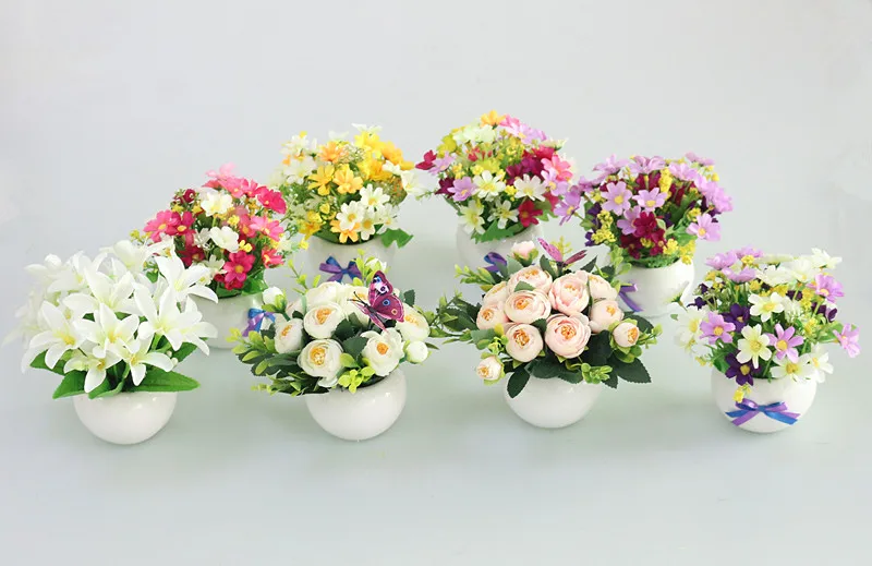 Flone Mini Artificial Small Potted Plants Silk Flower Simulation Flower Bonsai Home Wedding Party Decoration Fake Flowers (25)