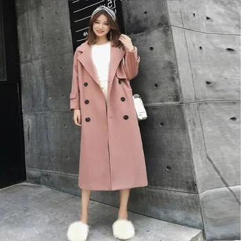 

New Autumn Winter Women Coat Plus Size Fashion Double Breasted Loose Slim Solid Woolen Blends Coat For Women Large Outerwear