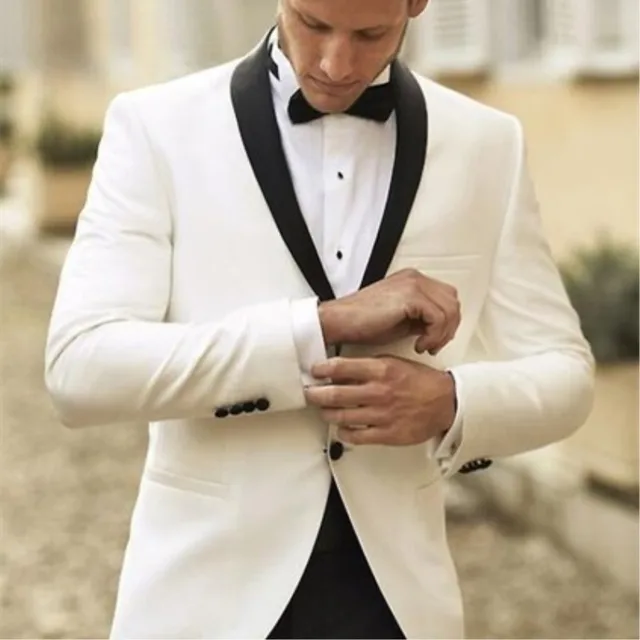 Custom Made Men's Suit 2017 Ivory Jacket Black Lapel Groom Tuxedos