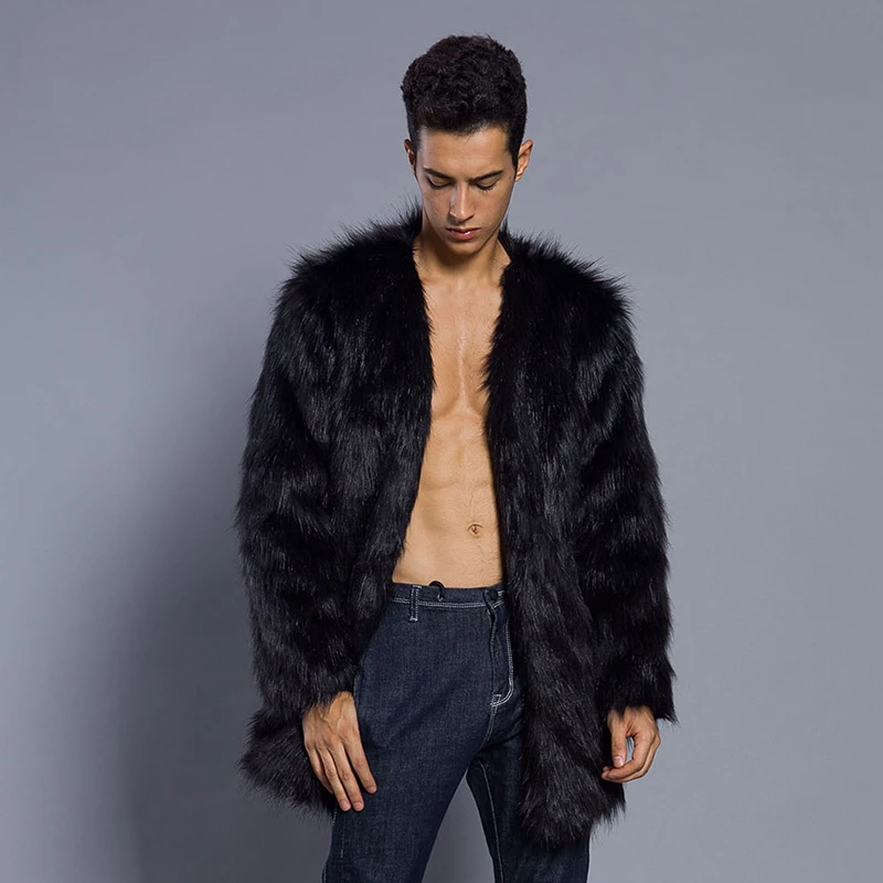 Parkas Caliente Invierno Peludo Negro Oversize De Chaqueta 6q1217 blanco cuello Espesar Abrigo Piel Hombre V Cuello Sin HwCxqn7I