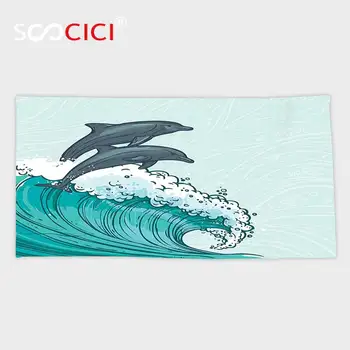 

Custom Microfiber Ultra Soft Bath/hand Towel,Sea Animals Decor Waves Flowing Water Sketch Sea Ocean And Two Dolphins Summertime