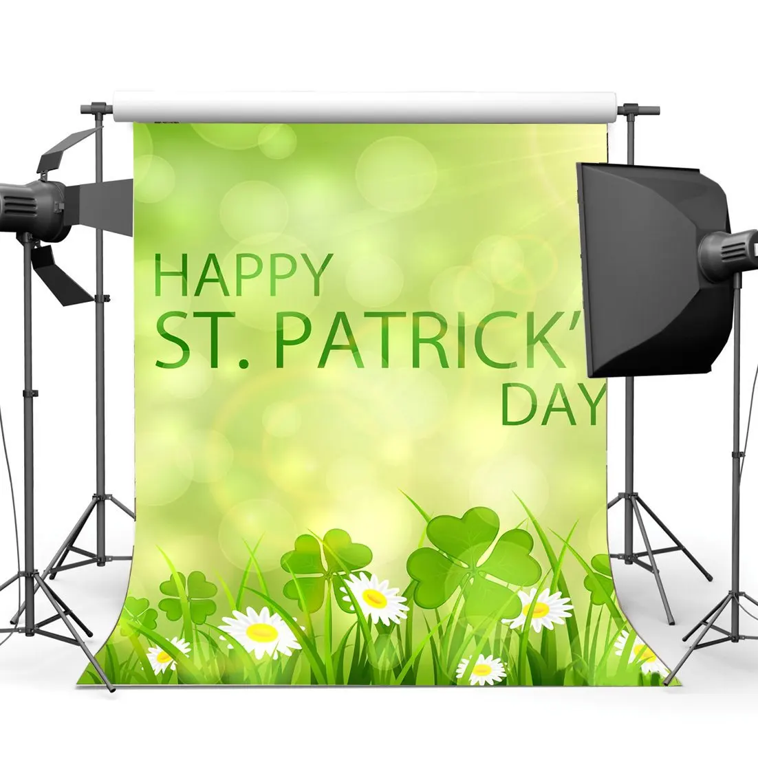 

Happy St.Patrick's Day Backdrop Lucky Irish Shamrock Green Four-leaf Clover White Flower Bokeh Background