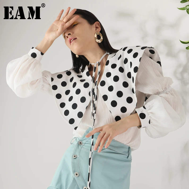 

[EAM] 2019 New Spring Summer Lapel Long Lantern Sleeve White Dot Printed Split Joint Loose Shirt Women Blouse Fashion JG12400S