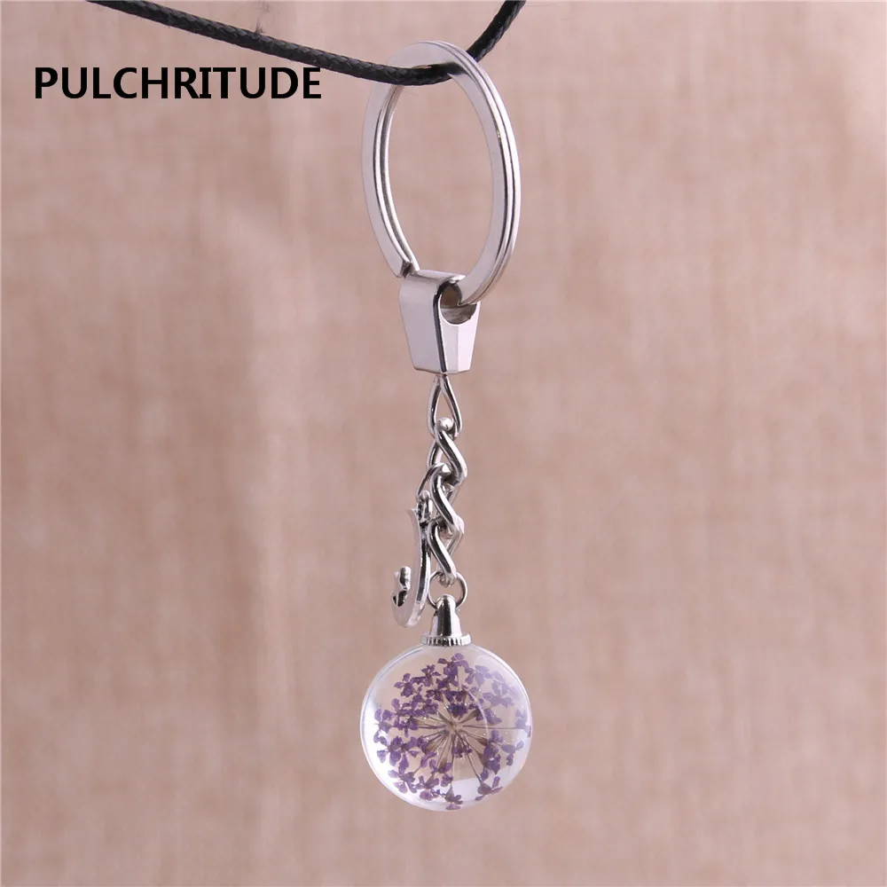 PULCHRITUDE 2 шт./партия металлический брелок кристалл стеклянный шар кулон с высушенным цветком Шарм с Луной и звездой брелок ювелирные изделия Diy C0548