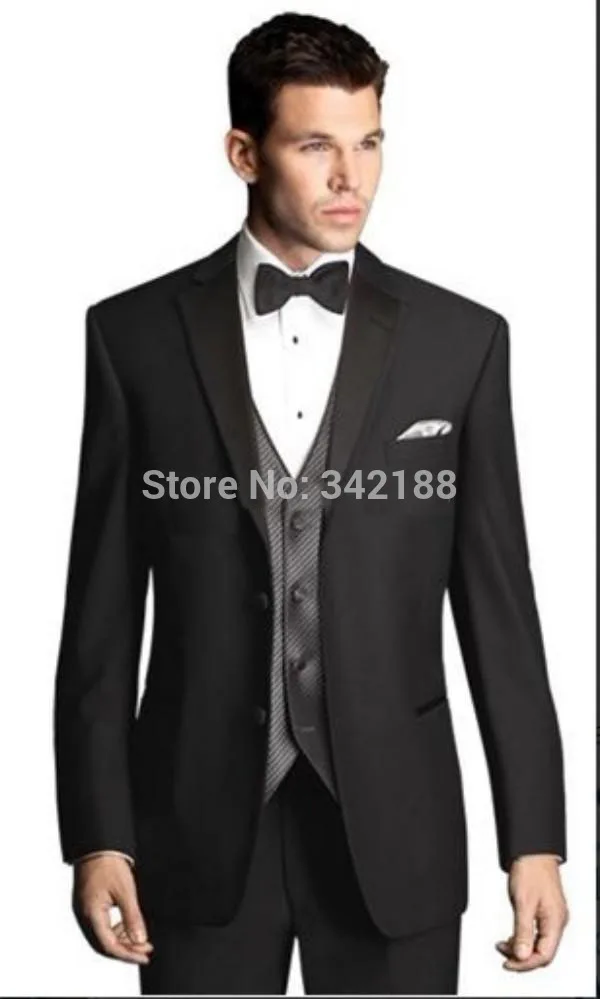 best sale Groom Tuxedos Black Best man Notch Satin Lapel Groomsman Men Dinner Wedding Suits Bridegroom(Jacket+Pants+Tie+Vest)wed