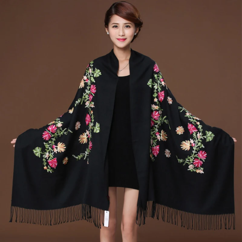 

New Black Embroider Flower Women Pashmina Hijab Scarf Winter Warm Jacquard Chal Long Tassels Shawl Floral Muffler Scarves