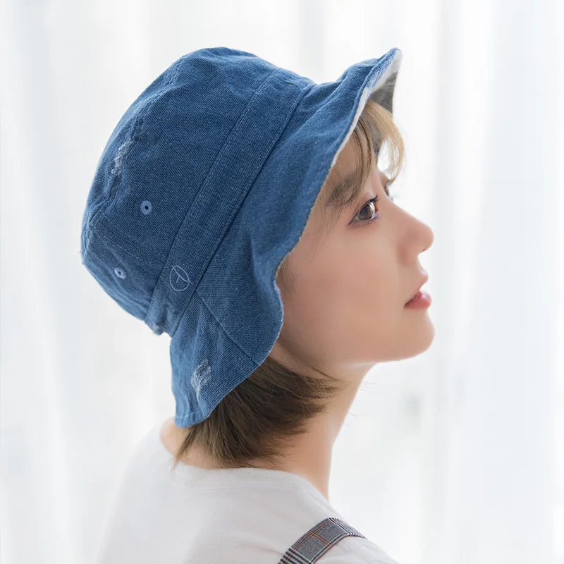 

Double-sided denim hat female cute casual wild fisherman hat Japanese art Korean tide people sun visor