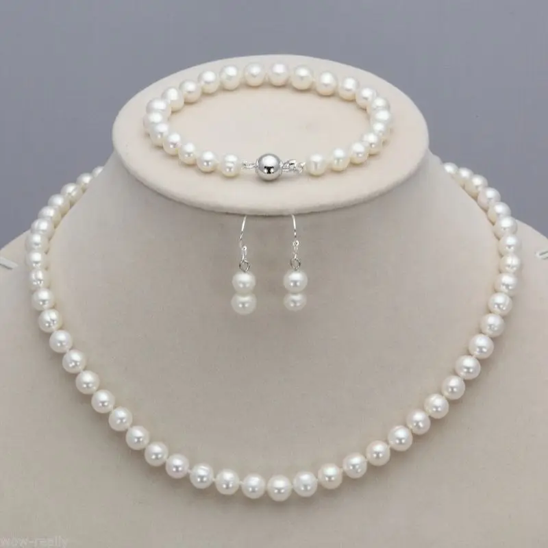 

Hot sale new Style >>>>Genuine 7-8mm White Freshwater Pearl Necklace Bracelet Earrings Set 18