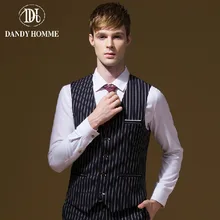 Men Formal Suits Vests Autumn Winter Young Man High Quality 2015 New V- Neck Single Breasted Slim White Black Stripe Business