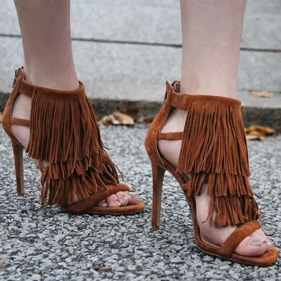 Yellow/Brown colors peep toe high thin heel fringe T tied women sandals fashion zipper ankle women shoes factory cheap price