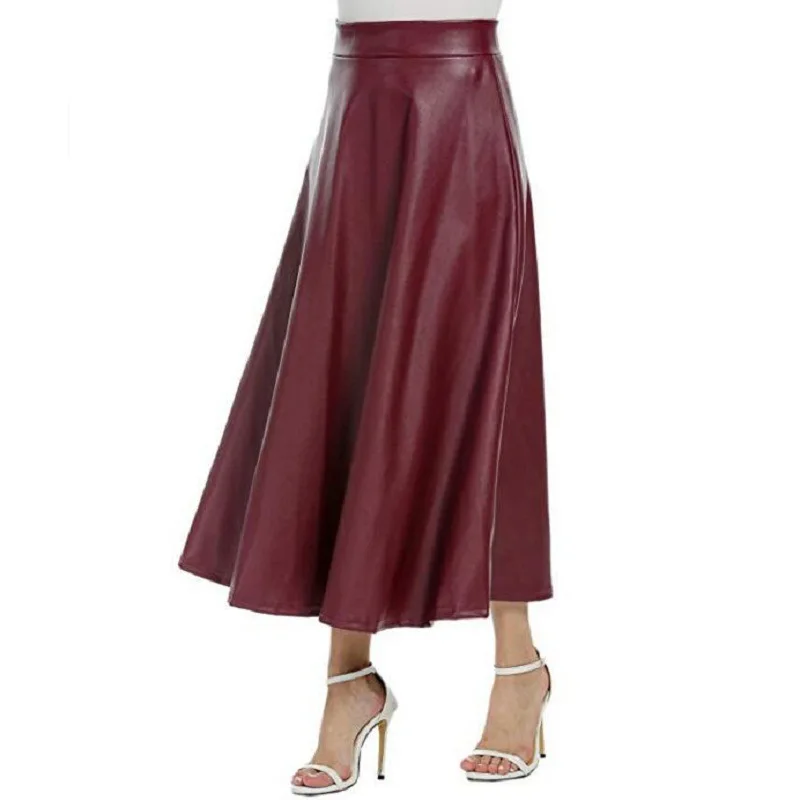 

Spring Autumn PU Leather Skirt Women Saia Faldas Maxi Long Skirts Womens High Waist Slim Autumn Vintage Pleated Skirt Black