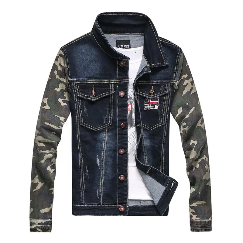 Kedera 2017 Fashion Winter Camo Patchwork Mens Ripped Denim Jackets