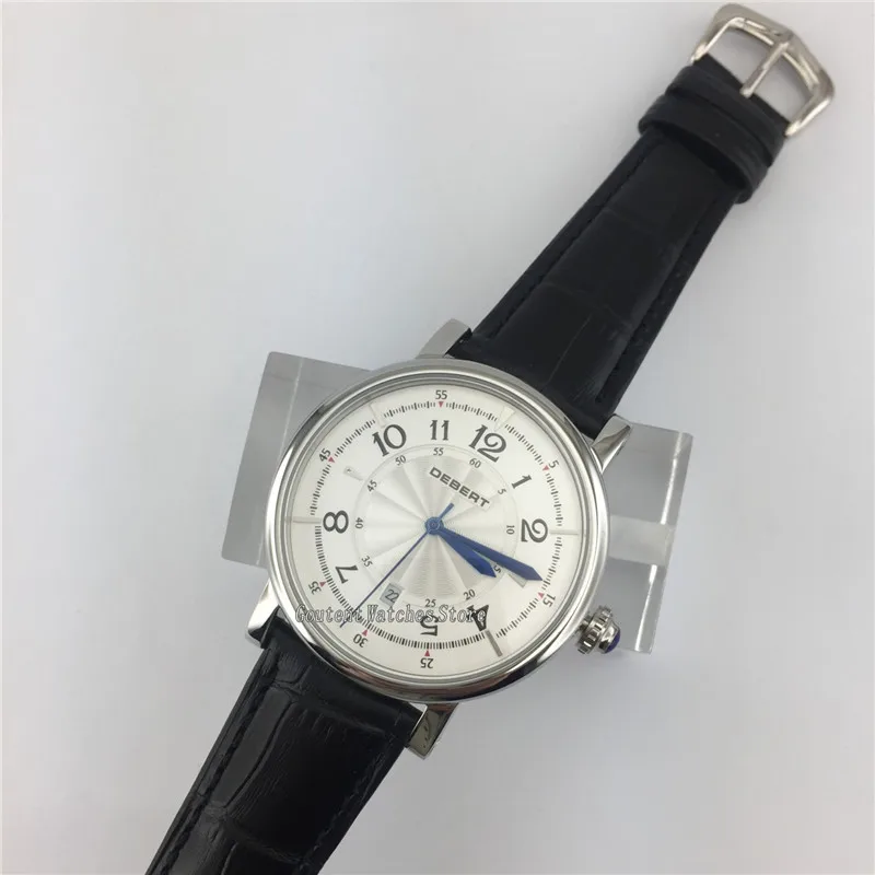 43 мм Мужские часы deberg Серебрянные из нержавеющей стали корпус черный ремешок Автоматические наручные часы