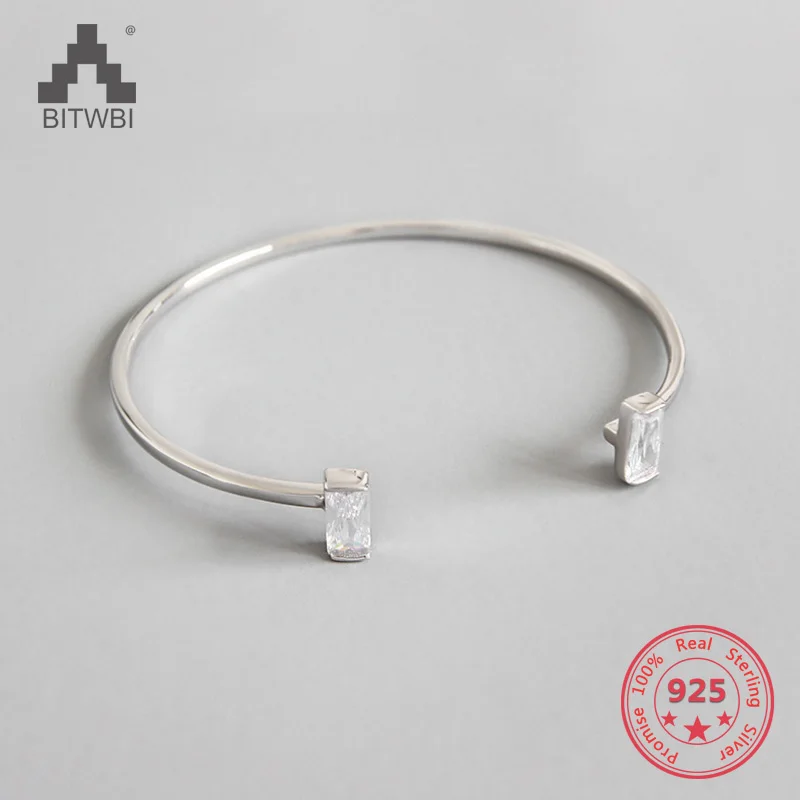 

New Fashion Authentic 925 Sterling Silver Two Square Zircon Open Bangles for Women Fashion Jewelry
