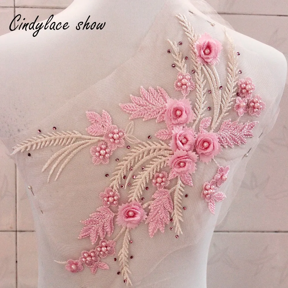 Beaded Floral Embroidered Venice Lace Applique Flower Patches Dress