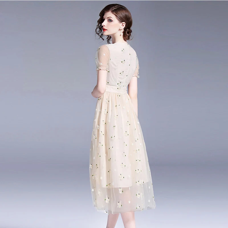 Женское элегантное Сетчатое шифоновое летнее платье с вышивкой Vestidos женские вечерние платья для отдыха милое длинное платье офисные женские платья