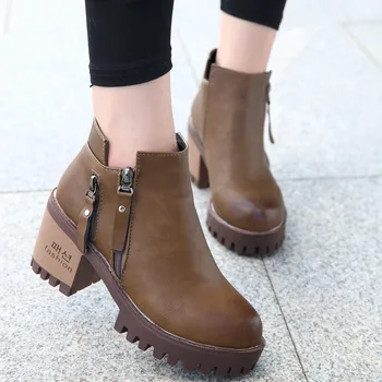 

Thick Bottom Round Head Women Short Boots Autumn New Side Zipper High Heel Martin Boots Occident Style Fashion Wild Bare Boots