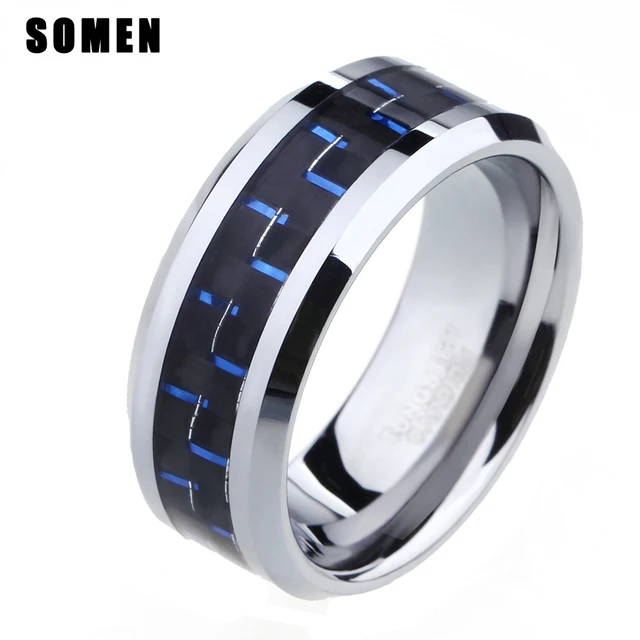8mm blauw carbon fiber tungsten ring gepolijst afgeschuinde randen