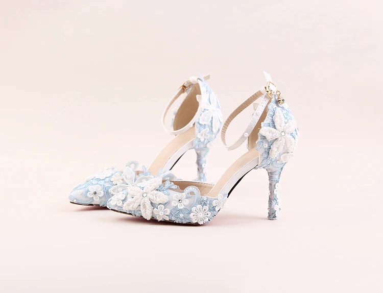 4_2017 Spring Blue Lace Flower Bridal Shoe White Pearl Diamond Rhinestone Wedding Shoes Pointed High Heel Sandals For Ladies