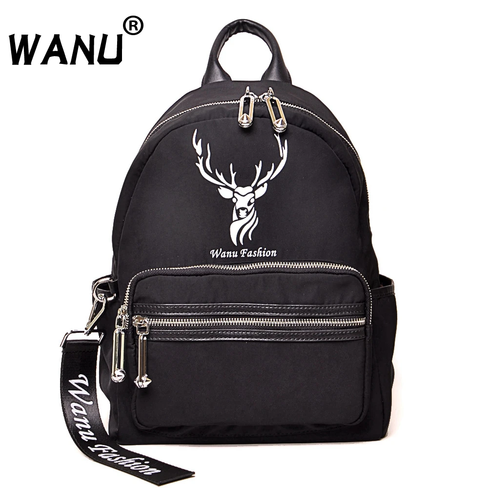 

WANUWANU Waterproof Oxford with Cow Leather Backpacks for Women Black Fashion Back Pack High Quality Korean Backpack School