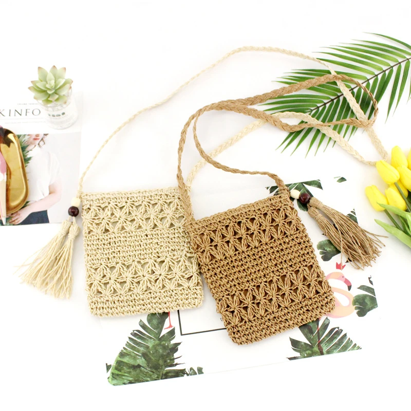 Female Summer Woven Hollow Straw Cross Body Bags Zip Hook Flower
