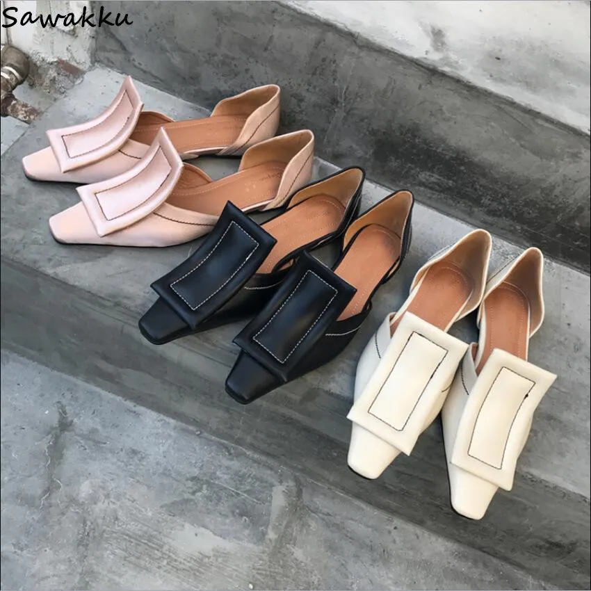 

Spring Summer Pink Satin/Leather Loafers Discount Square Buckle Women Flats Chic Vintage Mules Shoes Women Chaussures Femme
