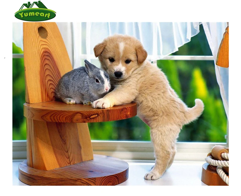 Diamond Embroidery Cute Dog with Rabbit Picture of Rhinestone Full Square Painting Cross Stitch Needlework Children Gift | Дом и сад