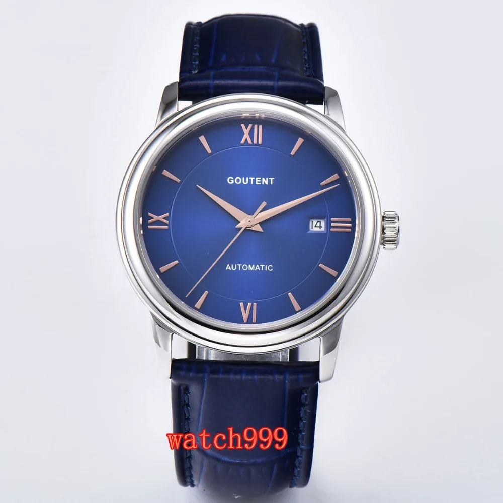 

40mm Goutent mechanical watch men clock date Blue dial Sapphire crystal Luminous Miyota Automatic Mens Watch