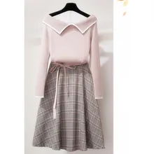 Hot Sale 2019 New Fashion Long Sleeve Plaid Two Piece Suit Turn-Down Collar Sweater And A-Line Skirt Women Sweet Outfits