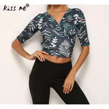 Укороченный топ, женский спортивный топ, рубашка для йоги, половина рукава, рисунок в виде листьев, шнурок, спортивный костюм, глубокий v-образный вырез, костюм для йоги, энергетический костюм для бега