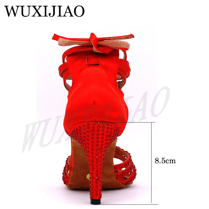 WUXIJIAO/Женская обувь для латинских танцев с красным сатиновым стразами; стильная обувь на высоком каблуке для сальсы; Танцевальная обувь на каблуке 10 см