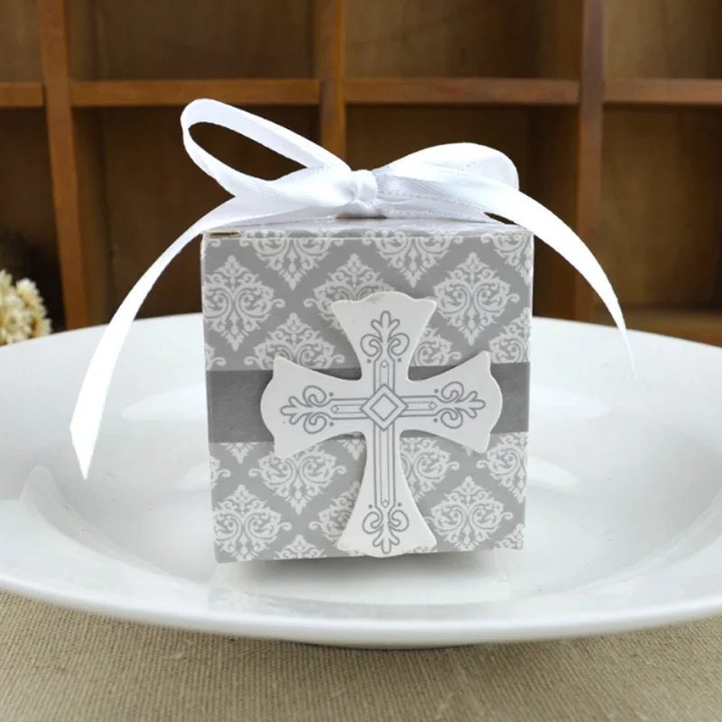 

10 Pcs/lot Creative first Communion cross candy box Christening baby shower wedding party wrap holders with ribbons