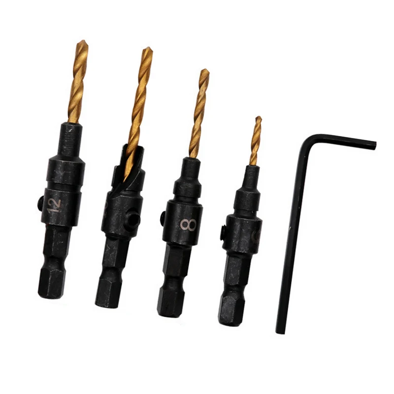 5 Pcs/Set Countersink Drills With Wrench Steel Bit Tools Wood Door