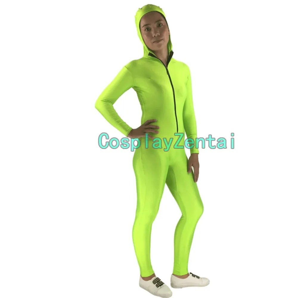 

Fluorescent Green Front Zipper Open Face Hoodie Spandex Zentai Suit Cosplay Halloween Costume