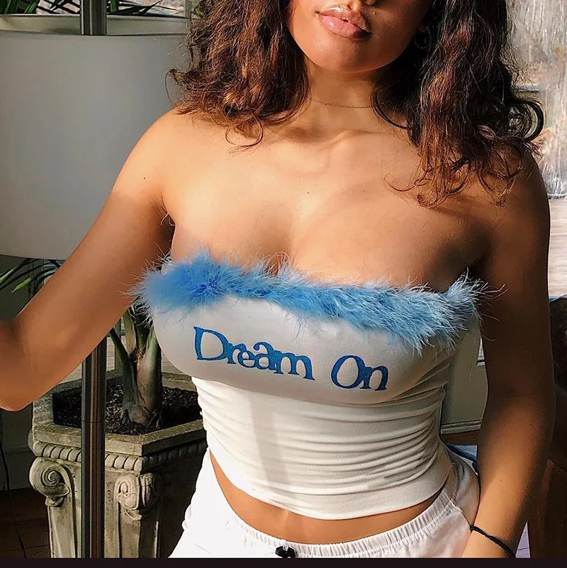

Crop Tops Women Short T Shirt Casual Letter Embroidery Printing Sexy Club Feathers Style White Camis Strapless Stretch Female