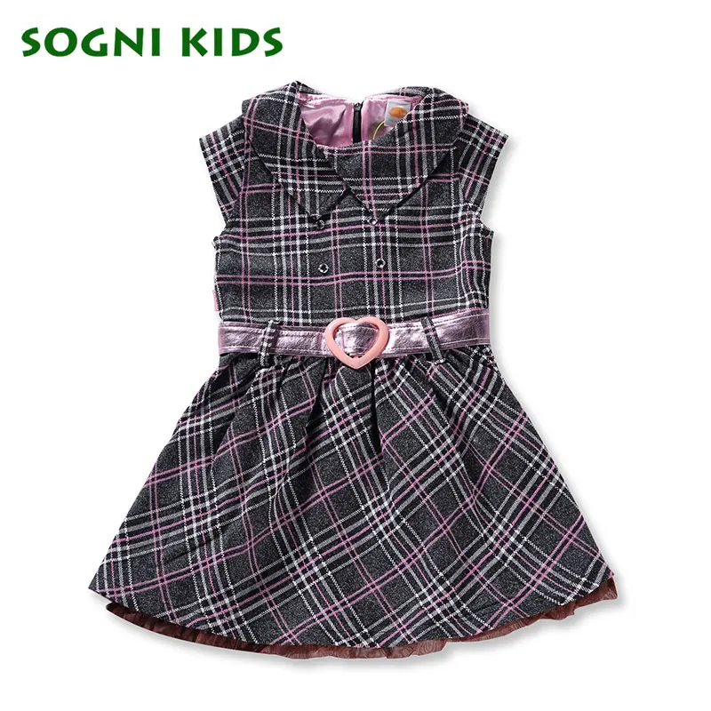 

2019 New Girls pink plaid dresses Autumn warm turn-down collar dress for girls clothes belt girls princess dress high quality