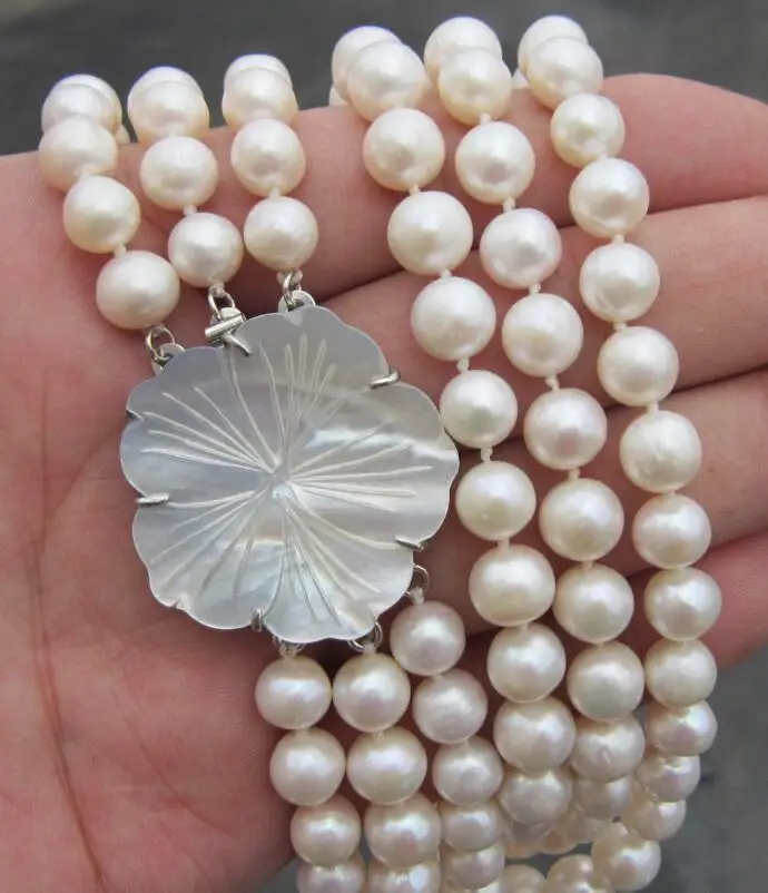 

3 ROW 8-9MM natural south sea white Pearl Necklace 22-24''14k/20 t (9.13)
